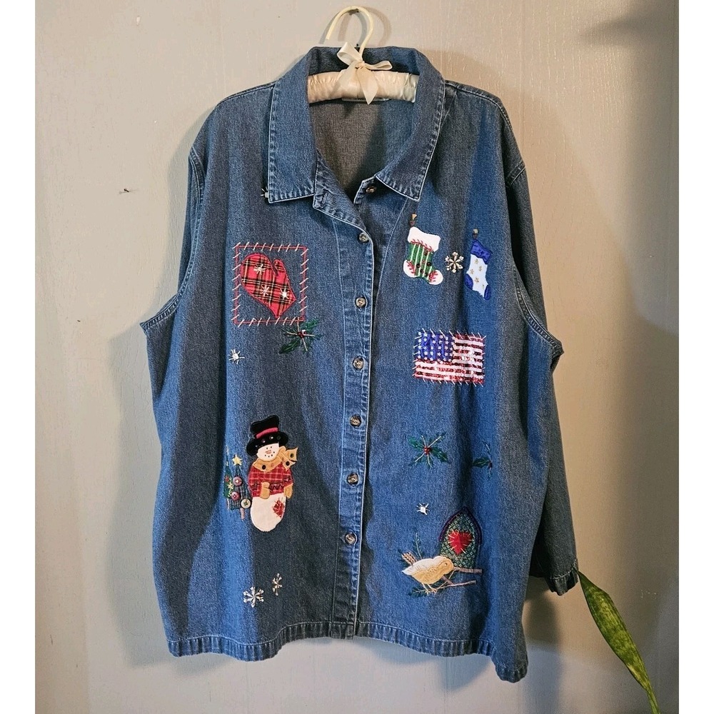 Vintage Victoria Jones  Christmas Denim ‎ Button Down Embroidered 3X